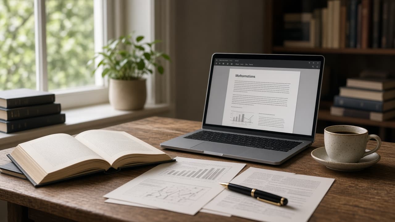 A quiet research desk with papers, books, and a writing workspace